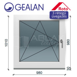 Gealan 100x100 bukó-nyíló ablak 6 légkamrás műanyag profillal 3 rétegű üveggel