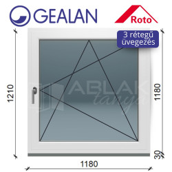 Gealan 120x120 bukó-nyíló 3 rétegű ablak 6 légkamrás műanyag profillal