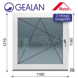 Gealan 120x120 bukó-nyíló 3 rétegű ablak 6 légkamrás műanyag profillal