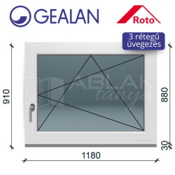 Gealan 120x90 bukó-nyíló 3 rétegű ablak 6 légkamrás műanyag profillal