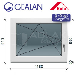 Gealan 120x90 bukó-nyíló 3 rétegű ablak 6 légkamrás műanyag profillal