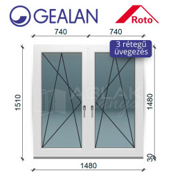 Gealan 150x150 tokosztott, bukó-nyíló 3 rétegű ablak 6 légkamrás műanyag profillal