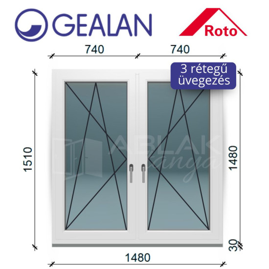 Gealan 150x150 tokosztott, bukó-nyíló 3 rétegű ablak 6 légkamrás műanyag profillal