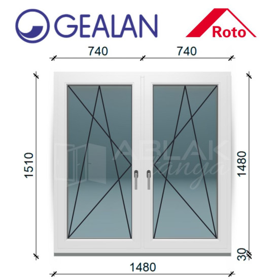 Gealan 150x150 tokosztott, bukó-nyíló ablak 6 légkamrás műanyag profillal