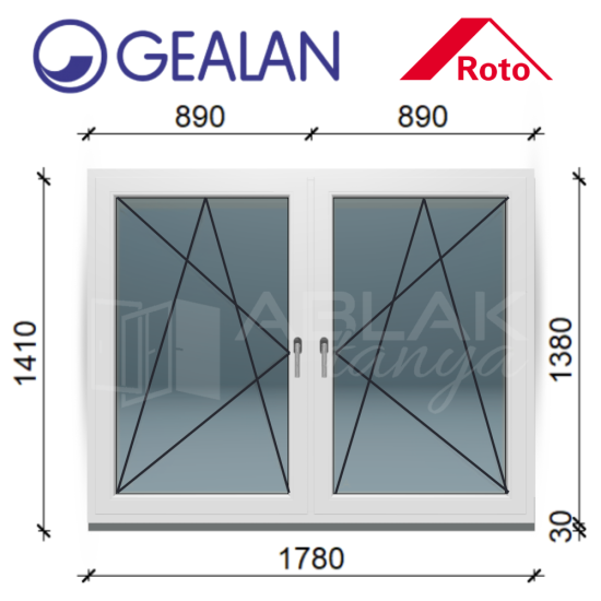 Gealan 180x140 tokosztott, bukó-nyíló ablak 6 légkamrás műanyag profillal