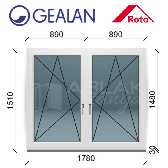 Gealan 180x150 tokosztott, bukó-nyíló ablak 6 légkamrás műanyag profillal