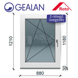 Gealan 90x120 bukó-nyíló 3 rétegű ablak 6 légkamrás műanyag profillal