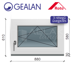 Gealan 90x60 bukó-nyíló 3 rétegű ablak 6 légkamrás műanyag profillal